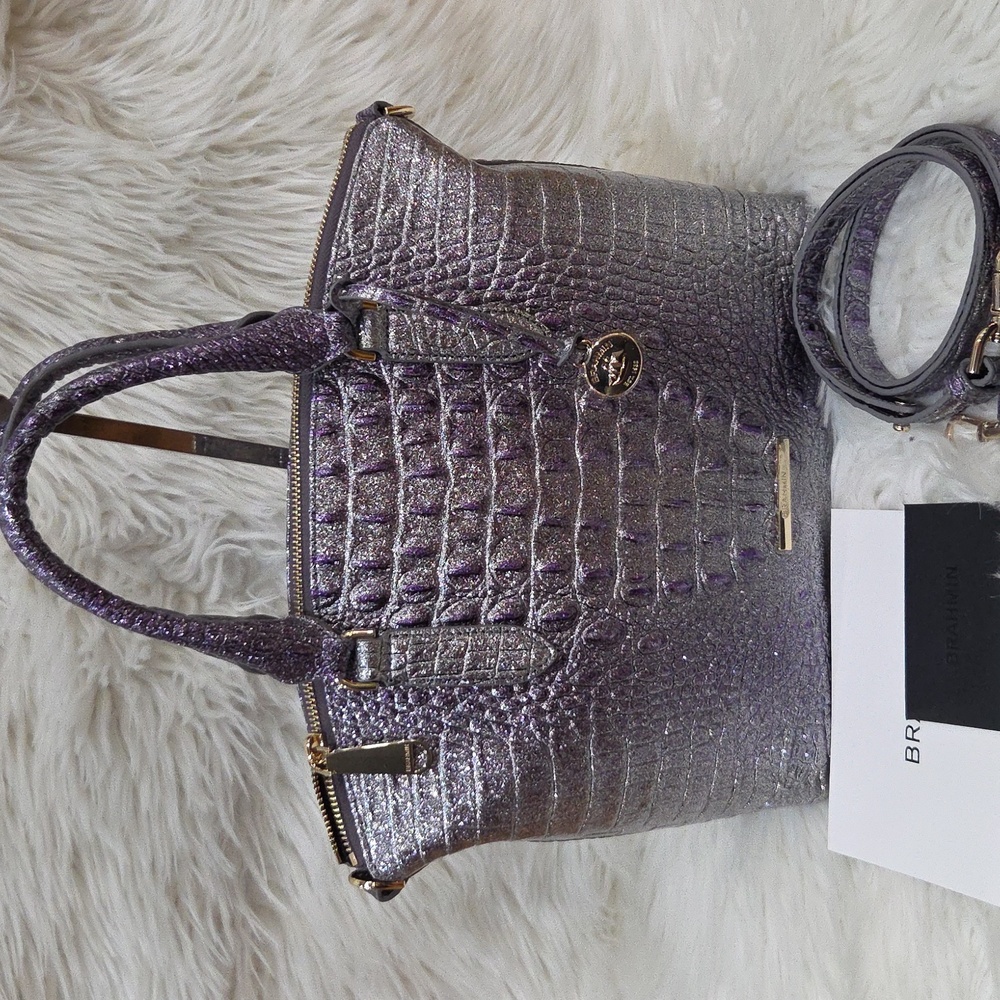 💜▪️Brahmin ▪️ Purple Glitter Melbourne Genuine Leather Medium Duxbury Satchel - Picture 4 of 14